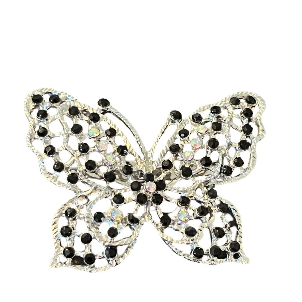 Silver Butterfly Brooch with Black and Iridescent Stones